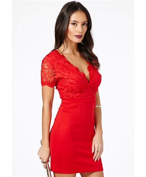 missguided risuka red v neck lace mini dress in red lyst