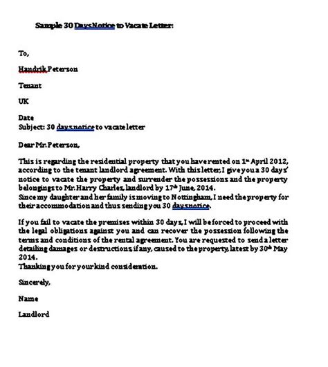 sample 30 days notice letter to landlord template mous syusa