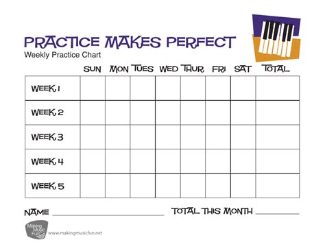 weekly piano practice chart template practice  perfect  printable