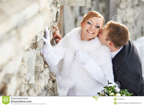 Romantic Kiss Happy Bride And Groom On Wedding Day Stock