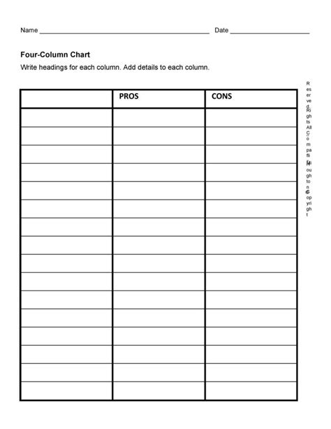 printable pros  cons lists charts templates templatelab