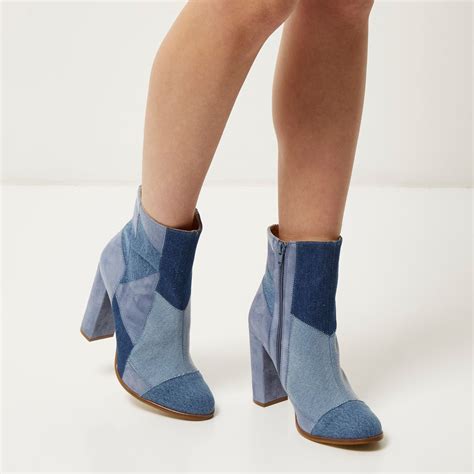 lyst river island blue denim patchwork heeled ankle boots  blue