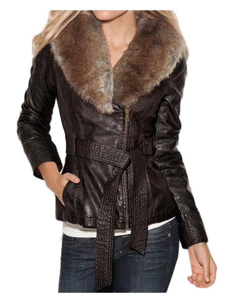 womens faux fur collar brown leather jacket rockstar jacket