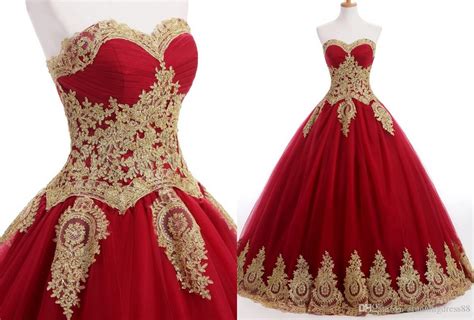 Sexy Burgundy Tulle Gold Lace Quinceanera Prom Dresses Sweetheart