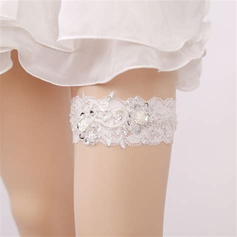 buy wedding garter rhinestone beading white lace