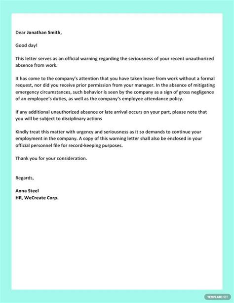 warning letter  poor attendance  word google docs