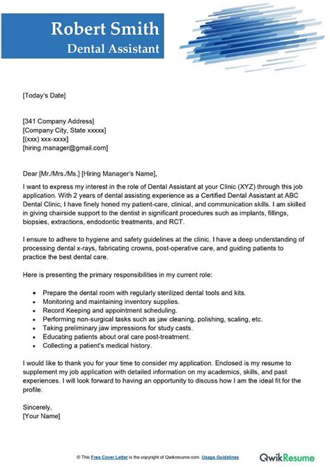 dental assistant cover letter examples qwikresume