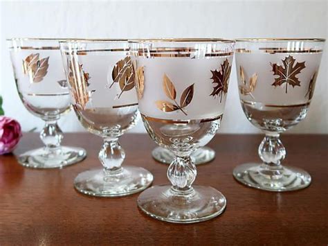 5 Libbey Gold Leaf Wine Glasses Water Goblets Vintage