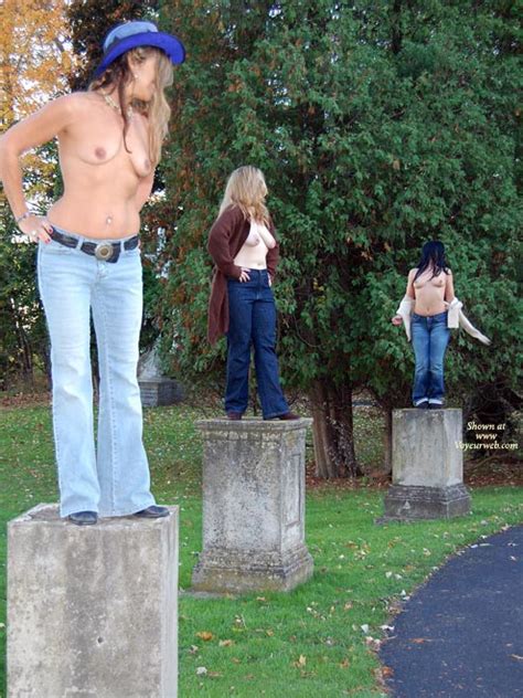 Three Topless Exhibitionists On Stone Pedestals By Road