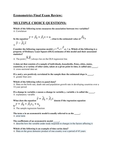 econometrics final exam review econometrics final exam review multiple choice questions