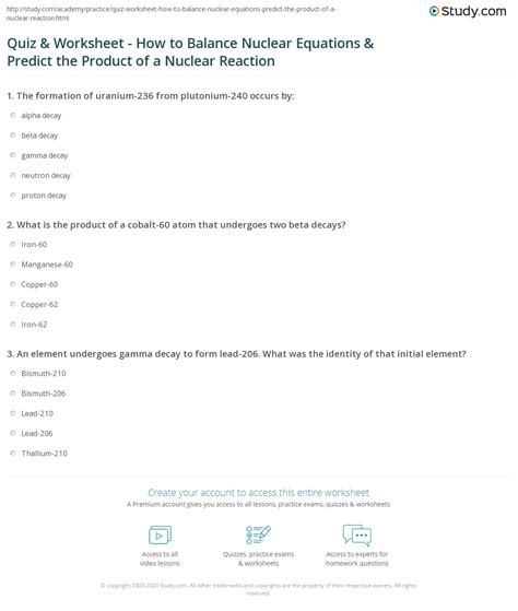 quiz worksheet   balance nuclear equations predict