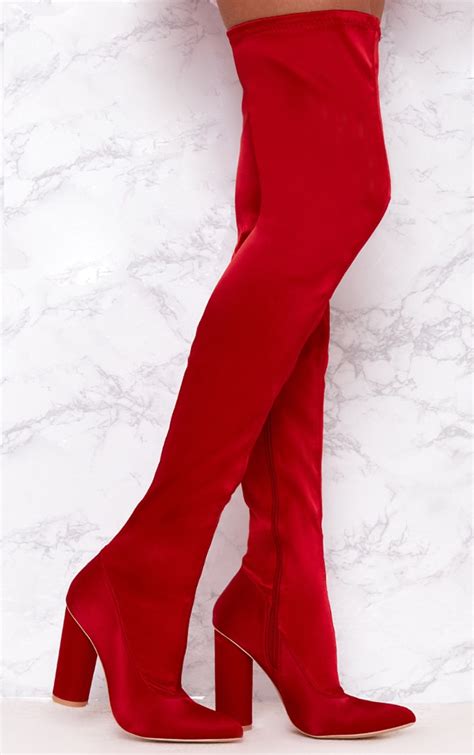 red stretch satin sock thigh high boots shoes prettylittlething usa
