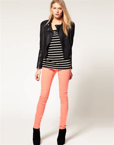 lyst asos collection asos neon coral skinny jeans  pink