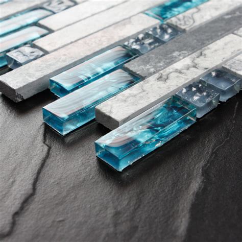 Gray Marble Backsplash Tiles Sea Glass Blue Wave Patterns Nature Stone