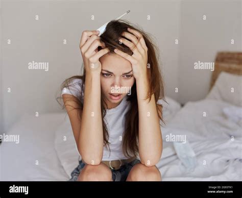 Shocked Woman Holding Her Head Thermometer Hands High Temperature Stock