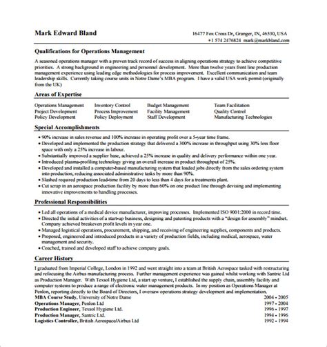 sample operations manager resume templates   ms word