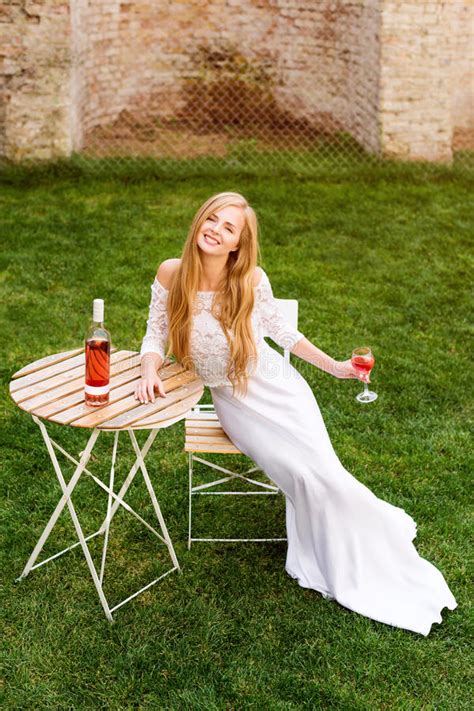 Beautiful Woman Drinking Wine In Outdoors Cafe Portrait