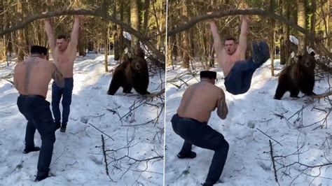this video of two men casually exercising in icy forest along with a