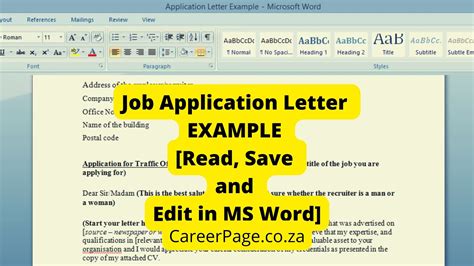 job application letter  read save  edit  ms word careerpagecoza
