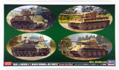 Hasegawa 30035 Tiger I And Panther G Vs M4a3e8 Sherman And M24 Chaffee 1 72