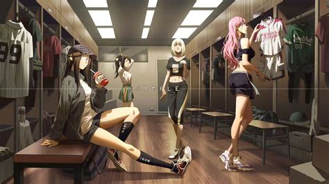 anime girls locker room shorts skirt hat drink yirenzhixia