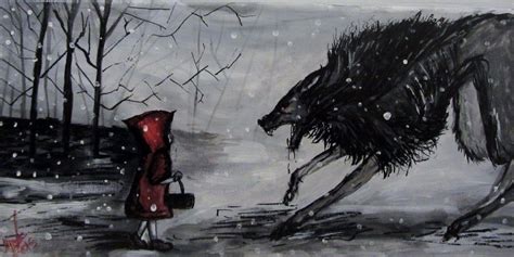 Little Red Riding Hood And Wolf Horror Art Hand Painted Painting 7x14