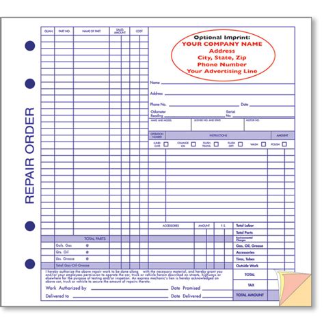 custom imprinted auto repair order form automotive service forms