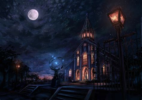 Night Cityscape City Moon Fantasy Art Church