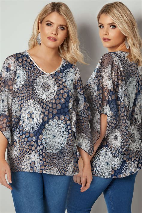 paprika blue and white circular print blouse with