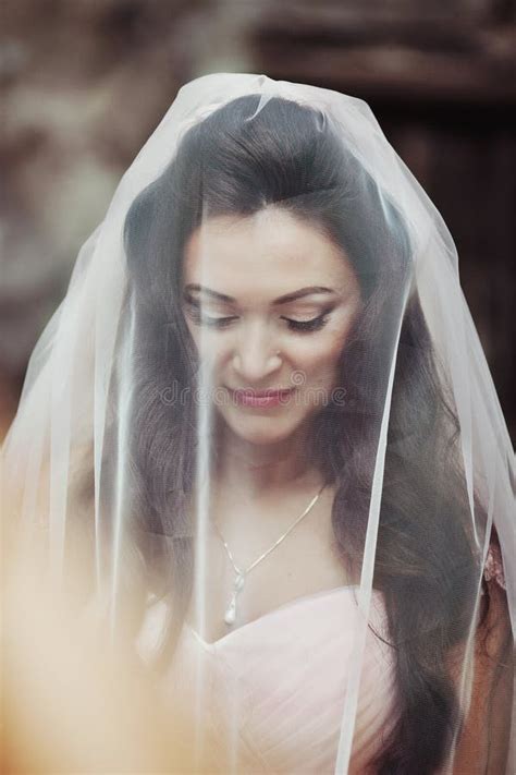 Sensual Beautiful Brunette Bride Smiling And Hiding Under Her Veil