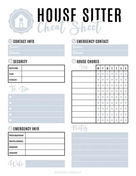 house sitter printable  home checklist cheat sheet savor savvy