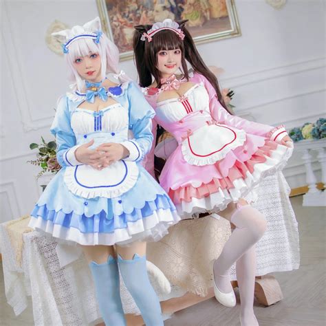 Game Nekopara Vol 4 Vanilla Maid Dress Cosplay Costume Cute Pink Blue