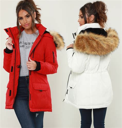 womens puffer jacket padded parka faux fur ski coat size 12 8 10 14 16