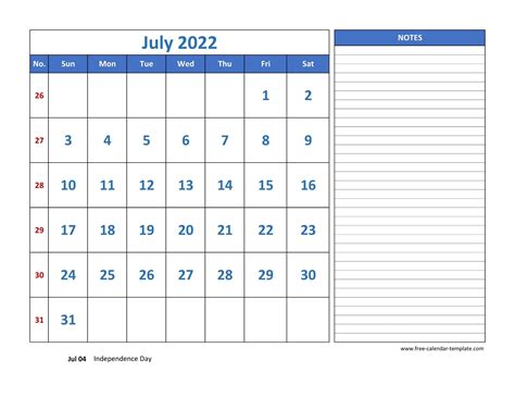 july calendar  grid lines  holidays  notes horizontal