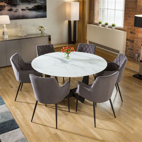 white glass marble effect dining table   grey carver chairs