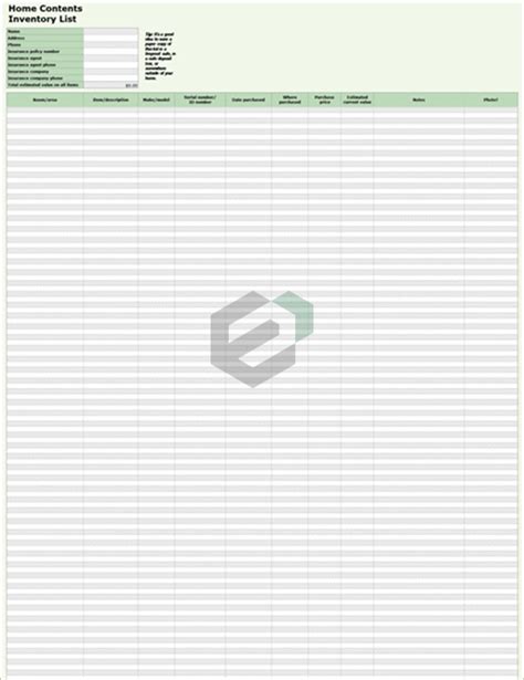 excel template  home contents inventory