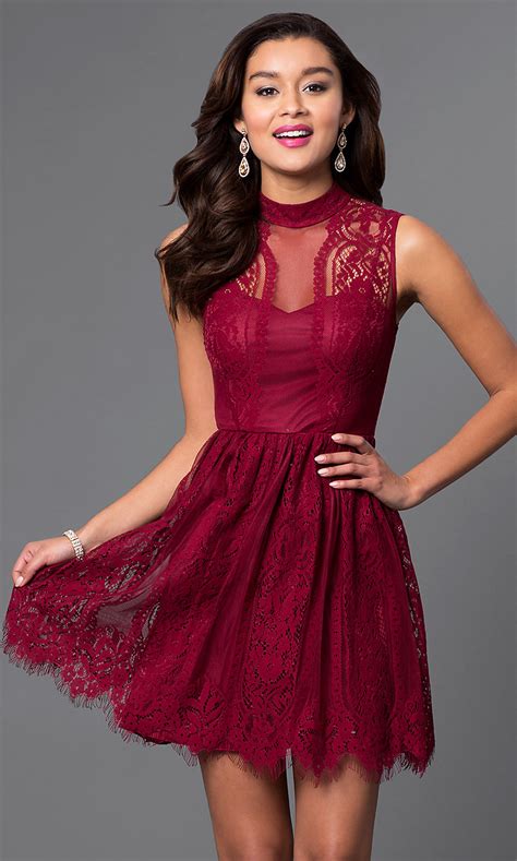 Short High Neck Wine Red Lace Party Dress Promgirl