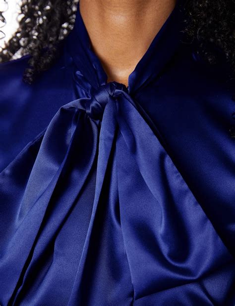 women s royal blue fitted luxury satin blouse pussy bow hawes and curtis