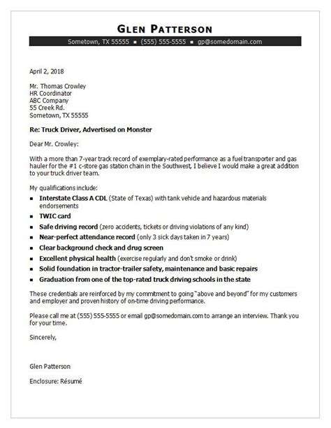 truck driver cover letter examples