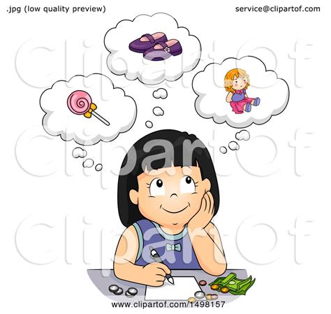Clipart Of A Girl Daydreaming About What To Spend Her Money On