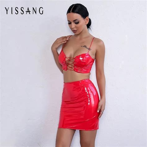 Yissang Lace Up 2 Piece Dress Pu Leather Sexy Party Dresses Fashion