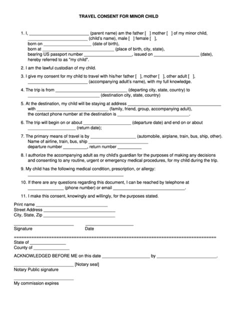 travel consent  minor child template printable