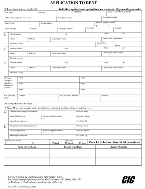 rental application form  printable documents