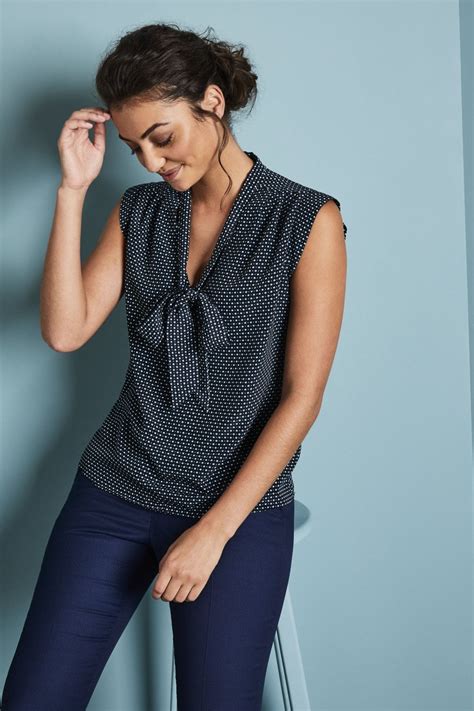 womens tie neck sleeveless blouse navy simon jersey