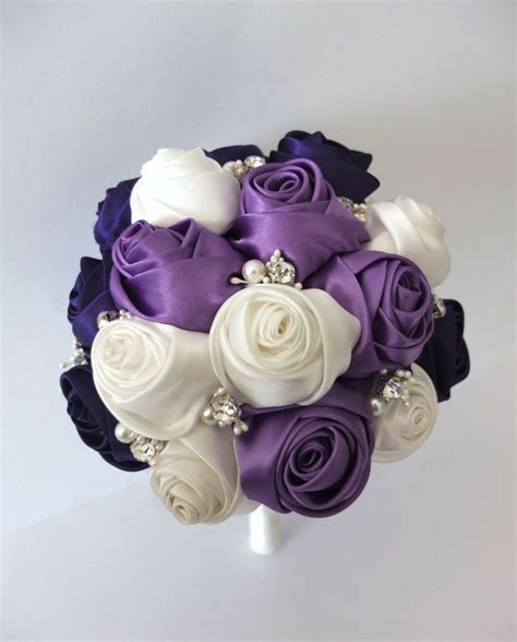 handmade satin rose bouquet purple and ivory flower accented etsy