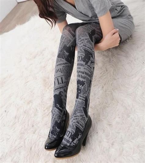 Women Girl Opaque Full Footed Stocking Tights Newspaper