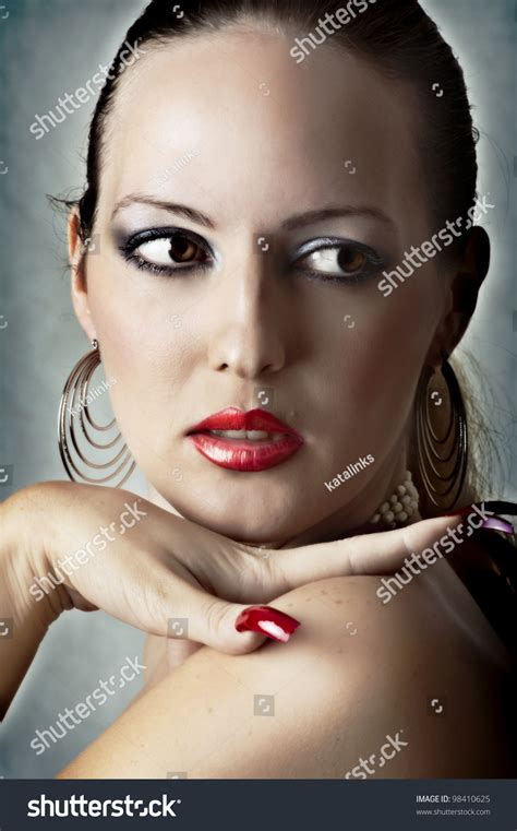 Sexy Face Of Beautiful Woman With Full Red Lips And Long