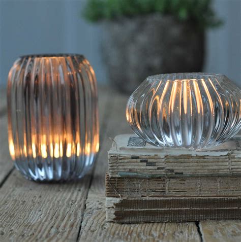 glass ribbed candle holder large grey home barn