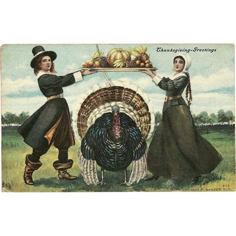 Vintage Thanksgiving Postcard Of A Pilgrim Man And Woman With Turkey