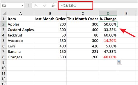 calculate percent change excel formula